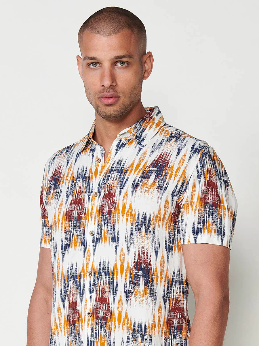 Camisa de manga corta con estampado étnico y cierre con botones para hombre - Image 13