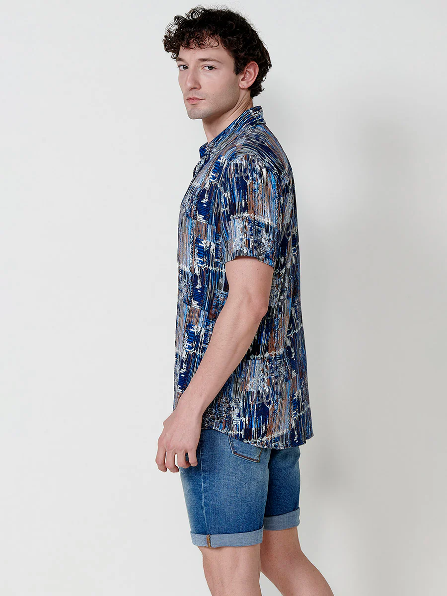 Camisa de manga corta con estampado étnico y cierre con botones para hombre - Image 5