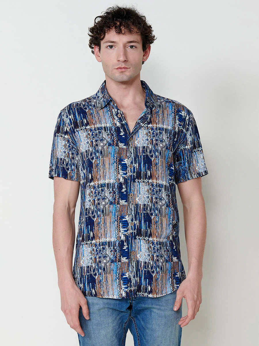 Camisa de manga corta con estampado étnico y cierre con botones para hombre - Image 6