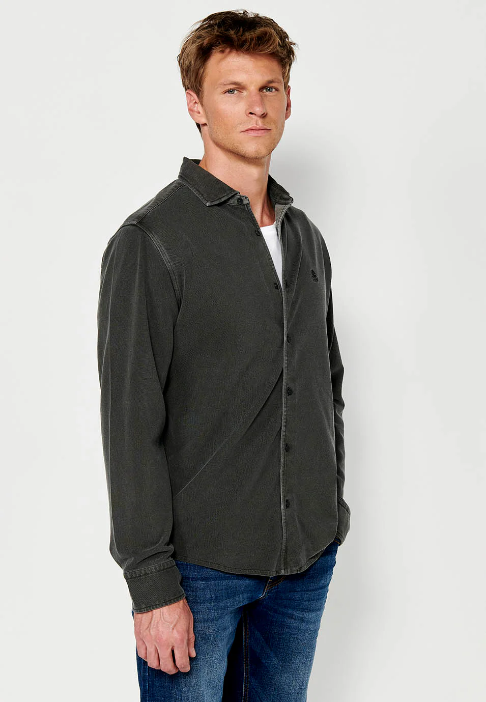 Camisa de manga larga de algodón con cierre delantero con botones para hombre - Image 6