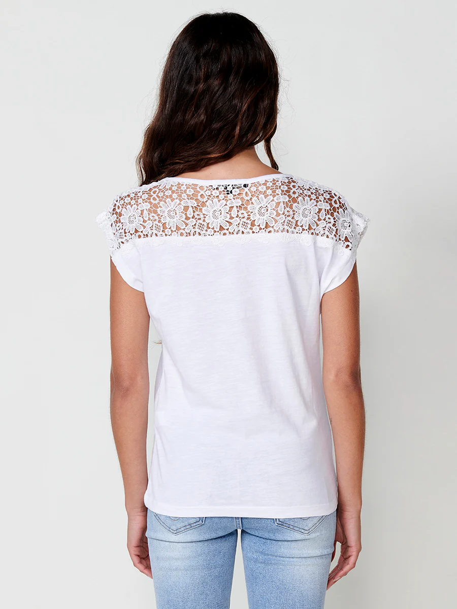 Camiseta de algodón con hombro caído, textura flamé y detalle de blonda - Image 4