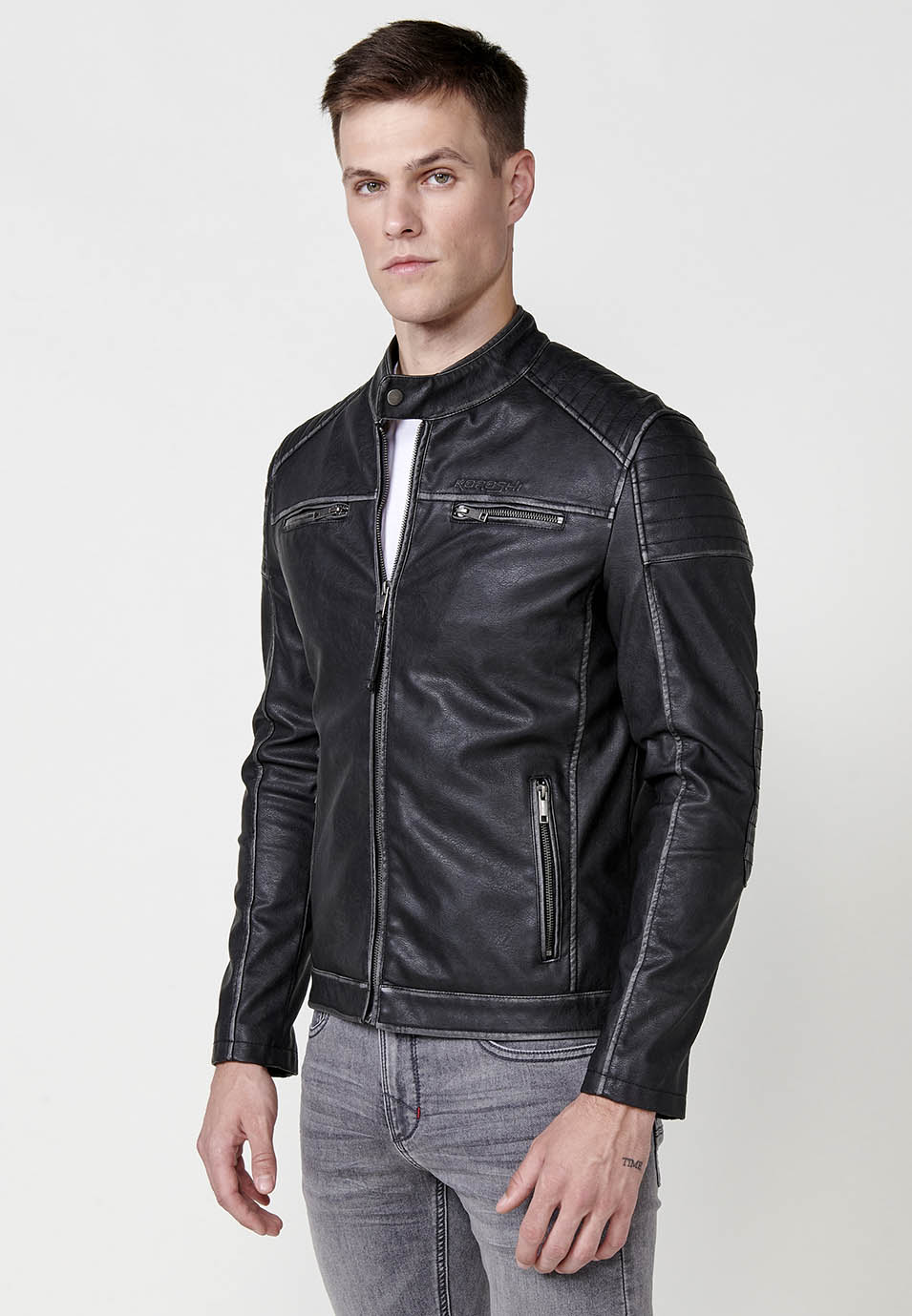 Chaqueta cazadora de cuello redondo efecto piel con cierre delantero con cremallera para hombre - Image 4