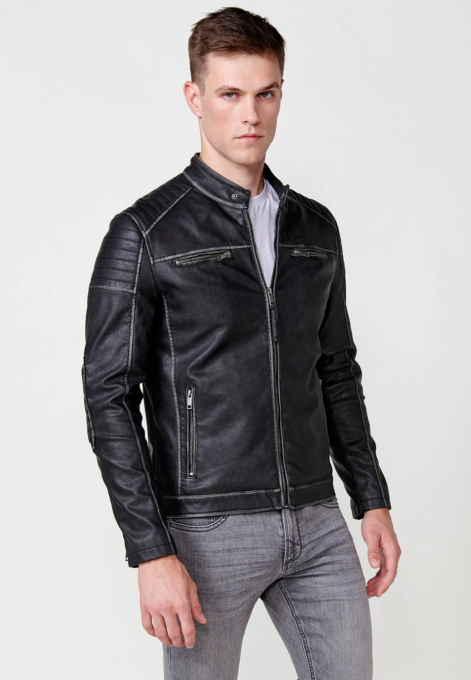 Chaqueta cazadora de cuello redondo efecto piel con cierre delantero con cremallera para hombre - Image 5