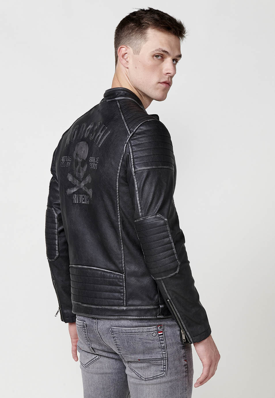 Chaqueta cazadora de cuello redondo efecto piel con cierre delantero con cremallera para hombre - Image 6