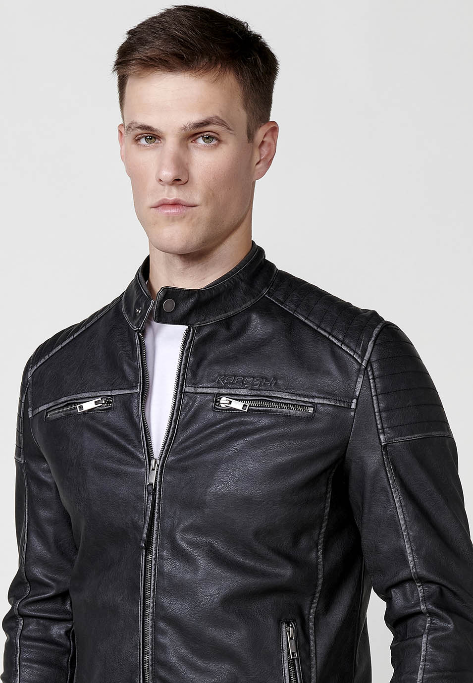 Chaqueta cazadora de cuello redondo efecto piel con cierre delantero con cremallera para hombre - Image 8