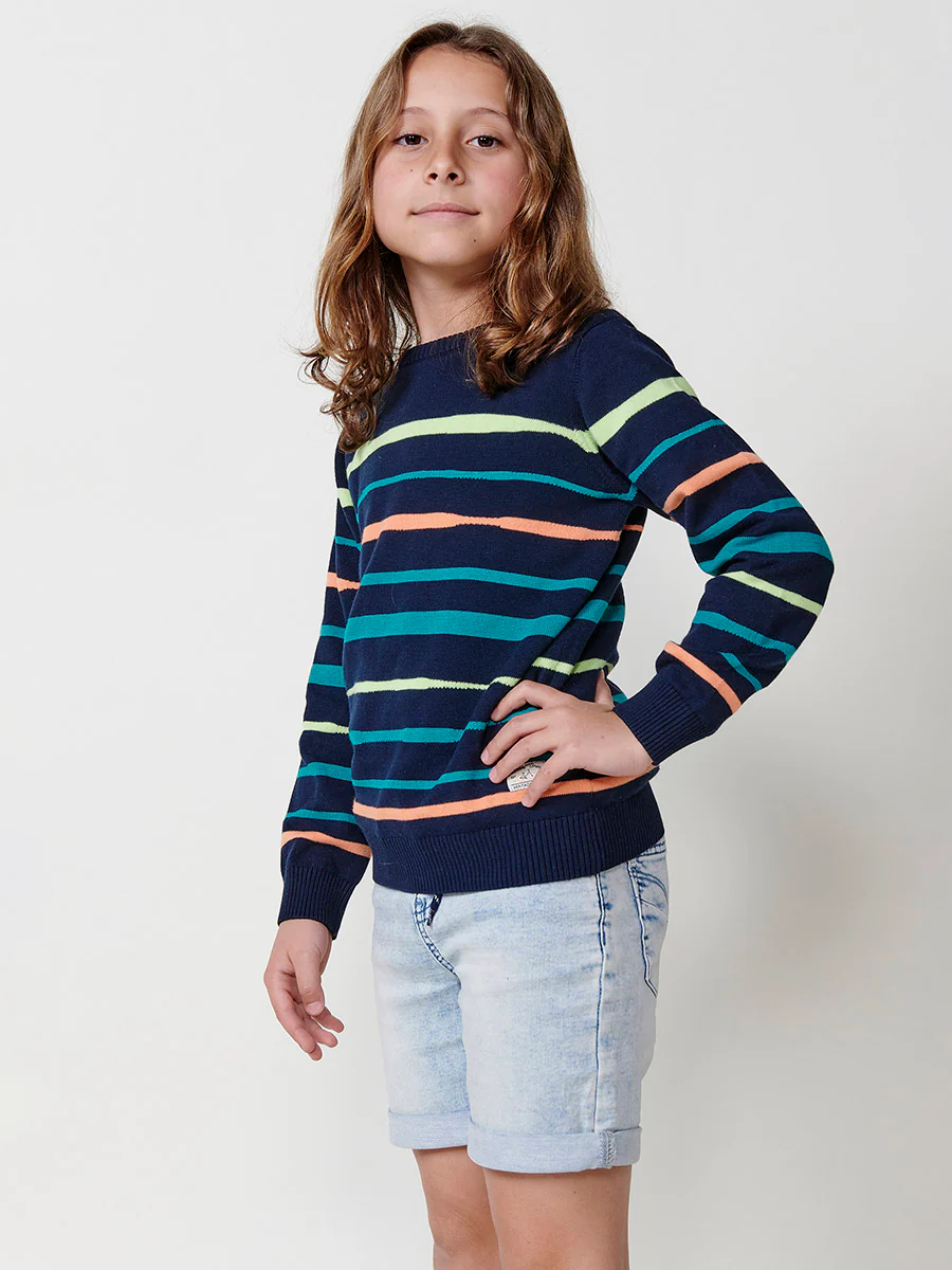 Jersey tricot de algodón con rayas y cuello redondo en azul navy para niño - Image 3