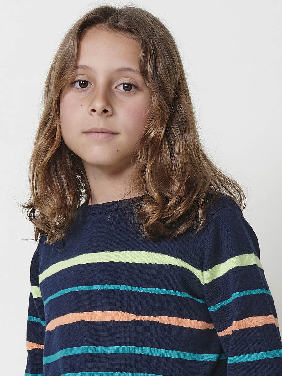 Jersey tricot de algodón con rayas y cuello redondo en azul navy para niño - Image 4