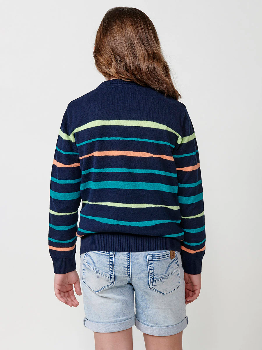 Jersey tricot de algodón con rayas y cuello redondo en azul navy para niño - Image 5